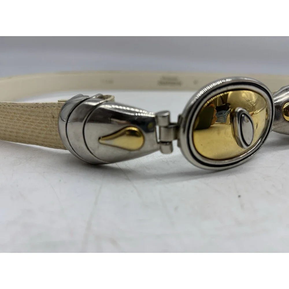 Vintage Cream Snake Skin Leather Belt W’ Silver gold buckle Adjustable To 34”